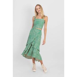Koch Women's Greta Skirt Green Ruffle Hem Flare Asymmetrical Midi Size Small